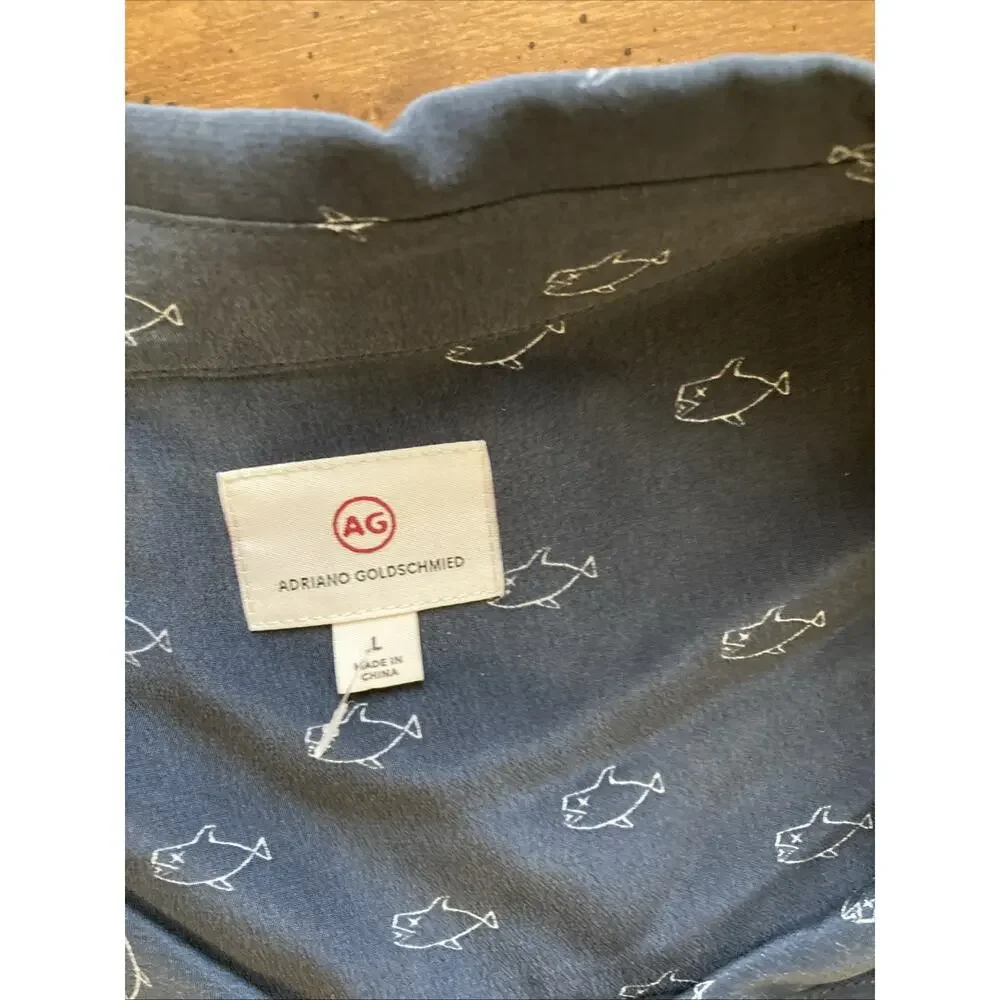 Adriano Goldschmied‎ Alena Silk Shirt Women's Sz L Navy Snap Fish Shark Print - Picture 5 of 11